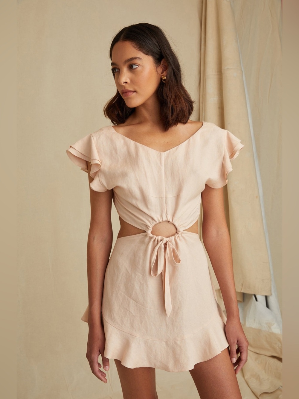 Marissa Webb Kaia Linen Blend Cutout Mini Dress Small Petal Blush Ruffle NWOT